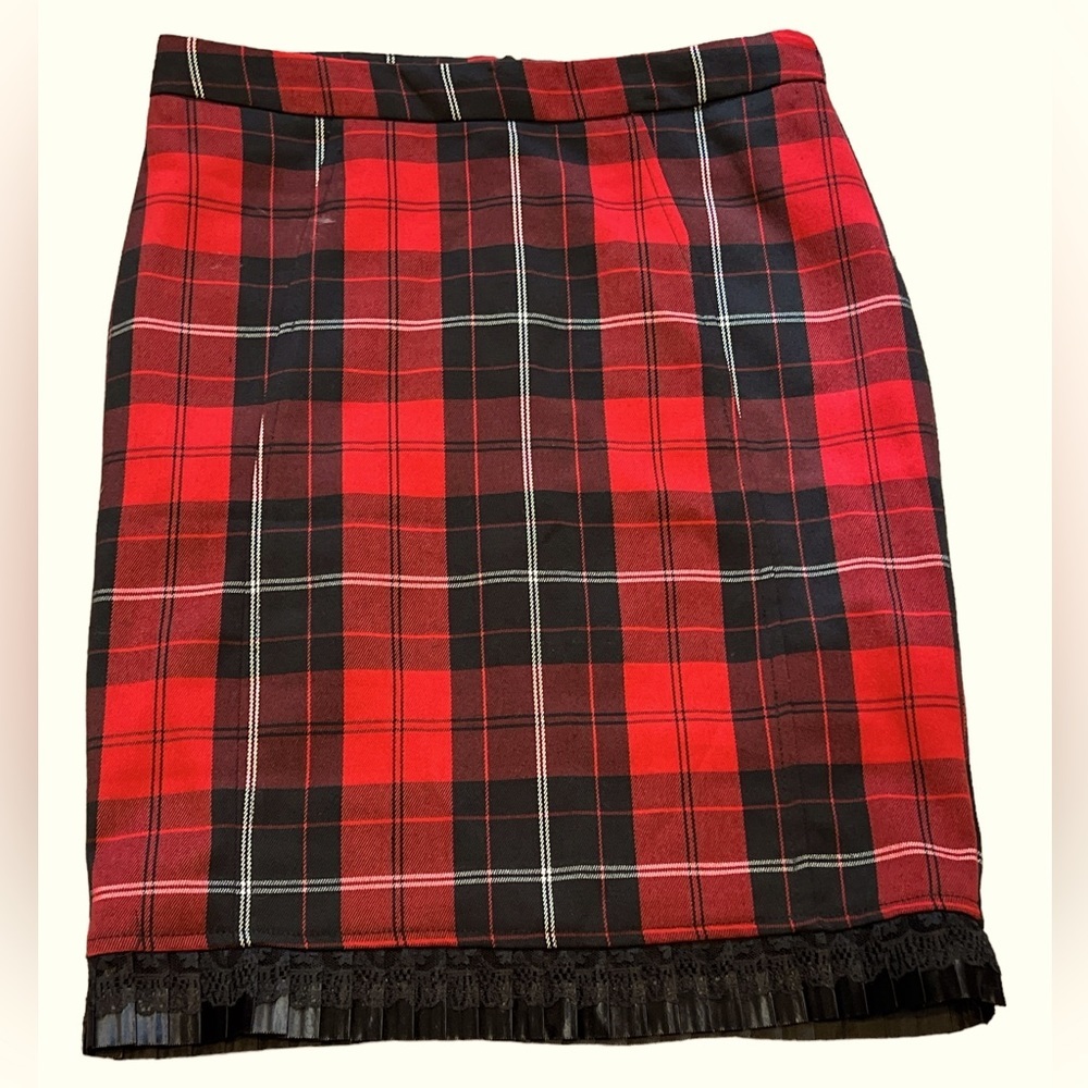 Sz 2 Arden B. Red Black White Pinup School Girl Plaid Pencil Skirt Sheer Trim